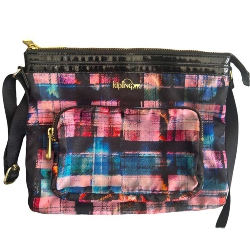 Kipling‎ Nylon Crossbody Bag “Make Happy” in Plaid Purple Black & Pink